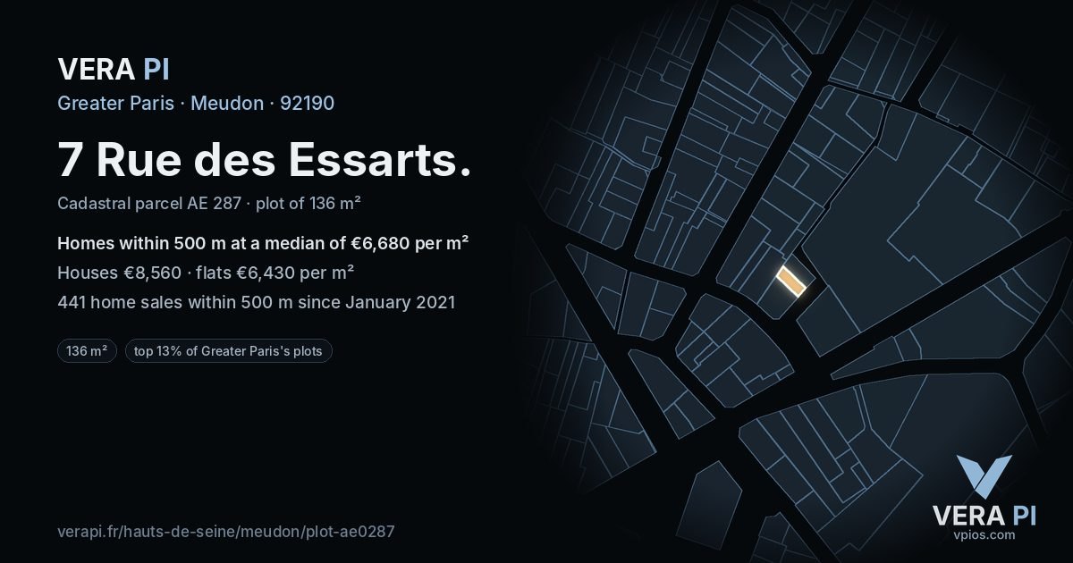 7 Rue des Essarts, Meudon at night – the plot lit, the parcels around coloured by the prices near them