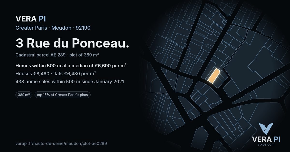 3 Rue du Ponceau, Meudon at night – the plot lit, the parcels around coloured by the prices near them