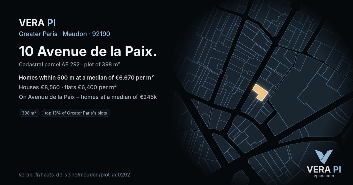 10 Avenue de la Paix, Meudon at night – the plot lit, the parcels around coloured by the prices near them
