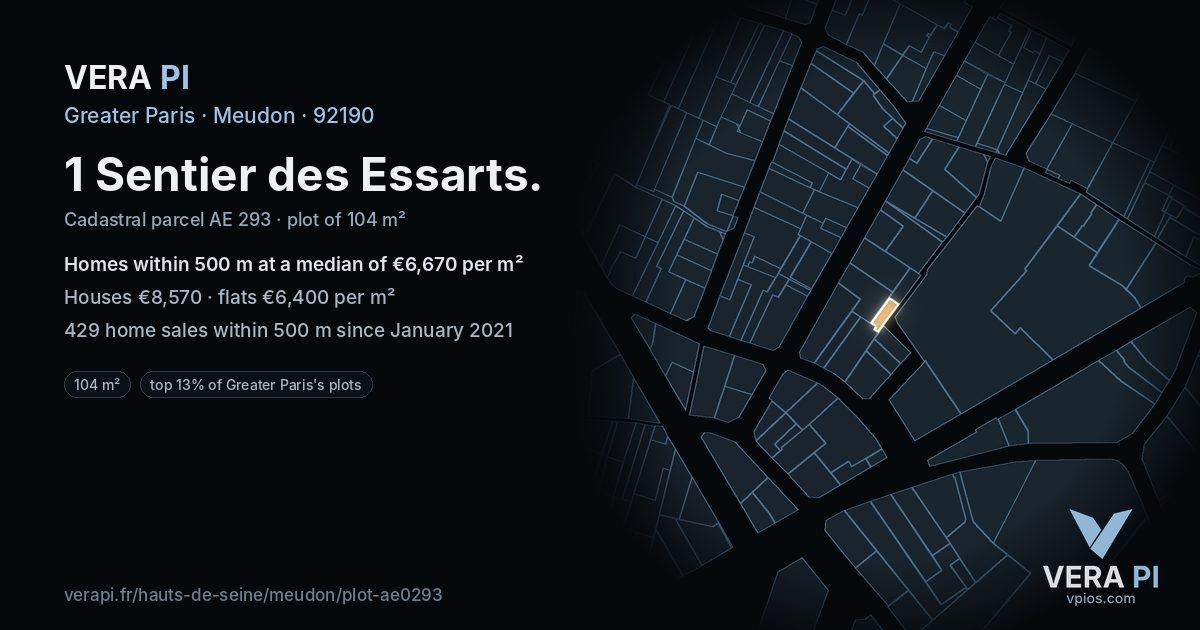 1 Sentier des Essarts, Meudon at night – the plot lit, the parcels around coloured by the prices near them