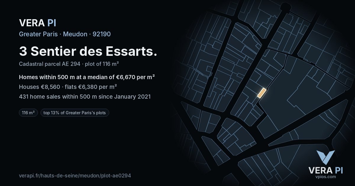 3 Sentier des Essarts, Meudon at night – the plot lit, the parcels around coloured by the prices near them