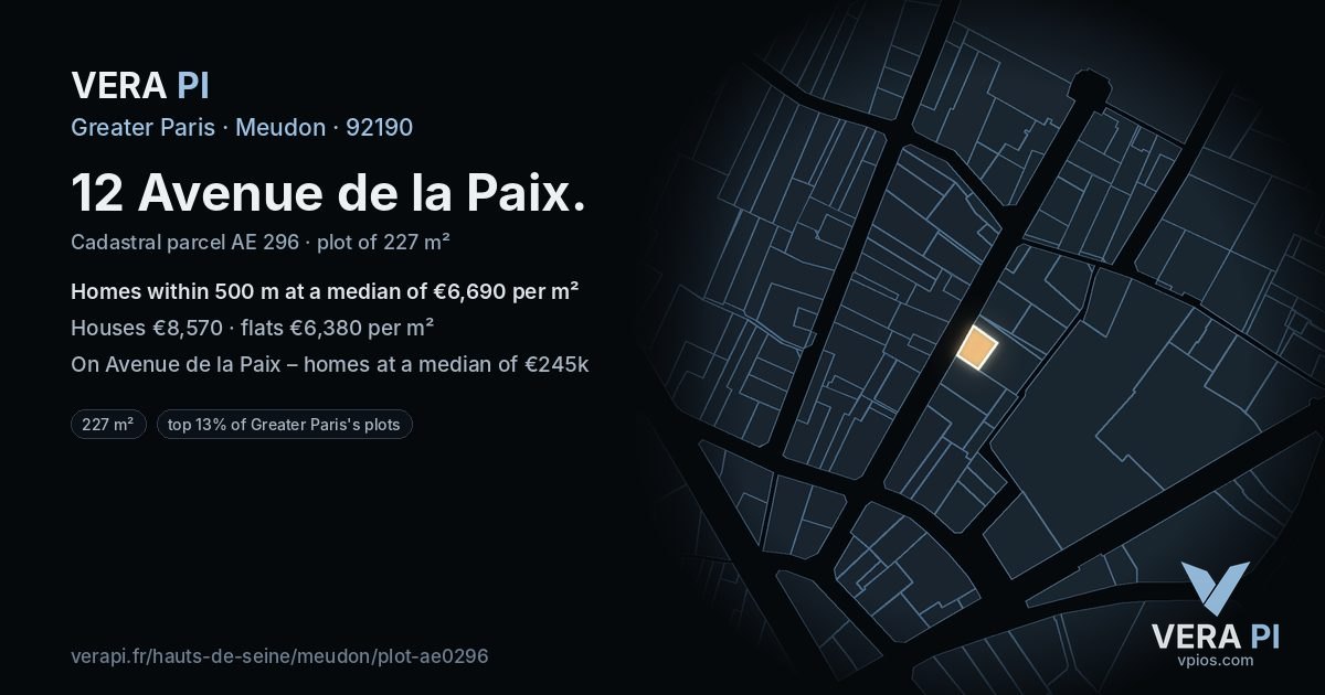 12 Avenue de la Paix, Meudon at night – the plot lit, the parcels around coloured by the prices near them