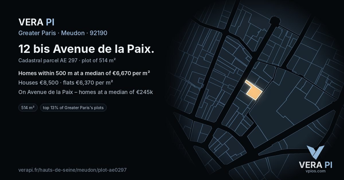 12 bis Avenue de la Paix, Meudon at night – the plot lit, the parcels around coloured by the prices near them