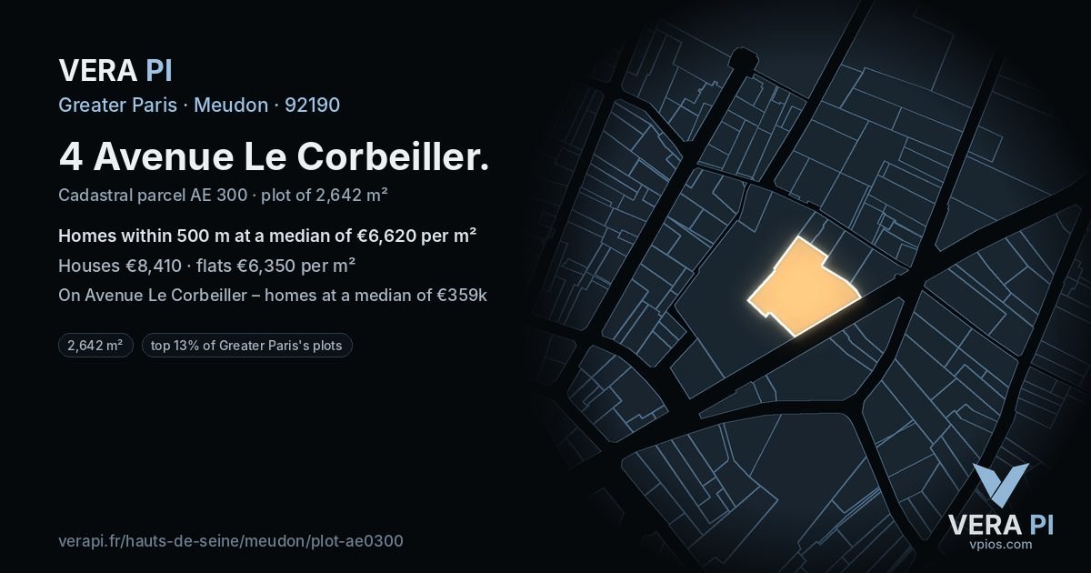 4 Avenue Le Corbeiller, Meudon at night – the plot lit, the parcels around coloured by the prices near them
