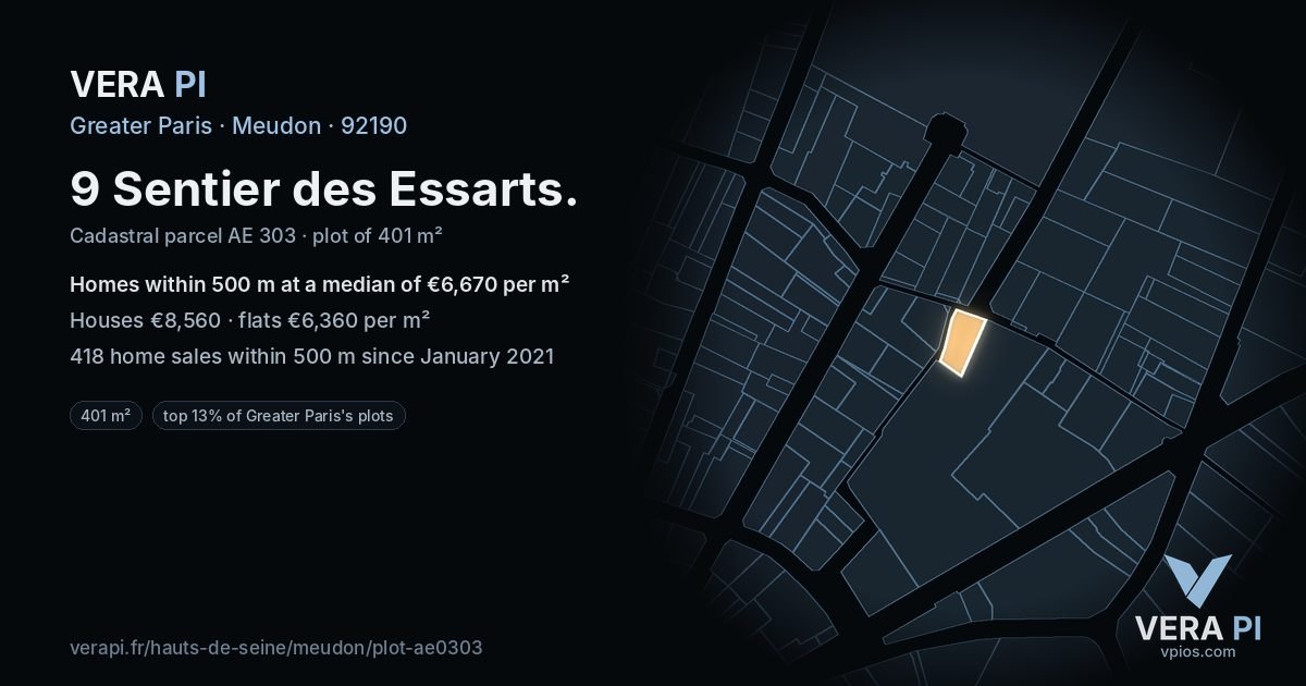 9 Sentier des Essarts, Meudon at night – the plot lit, the parcels around coloured by the prices near them