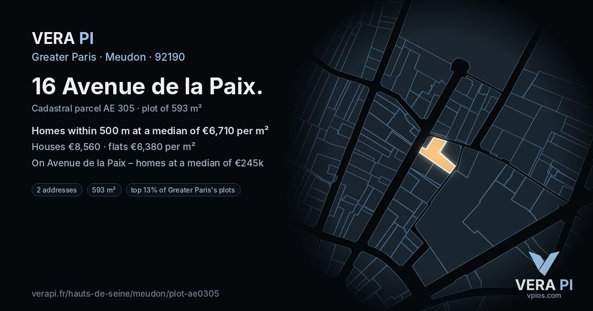 16 Avenue de la Paix, Meudon at night – the plot lit, the parcels around coloured by the prices near them