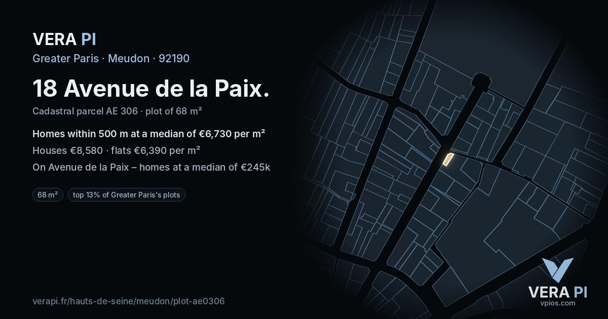 18 Avenue de la Paix, Meudon at night – the plot lit, the parcels around coloured by the prices near them
