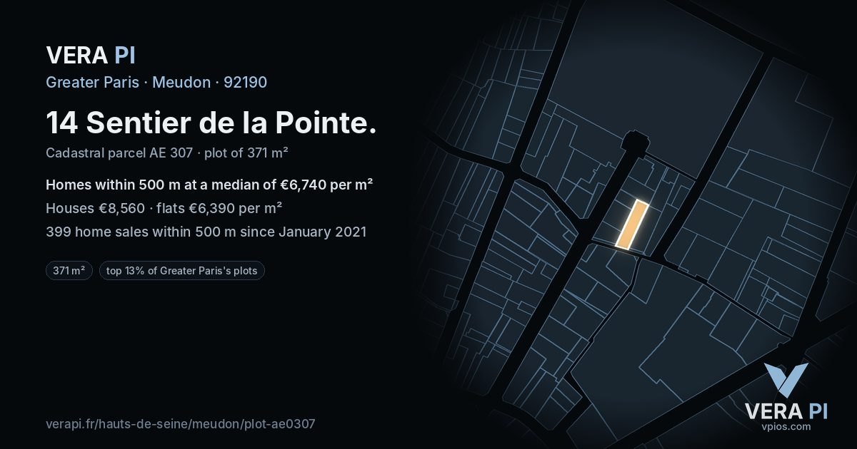 14 Sentier de la Pointe, Meudon at night – the plot lit, the parcels around coloured by the prices near them