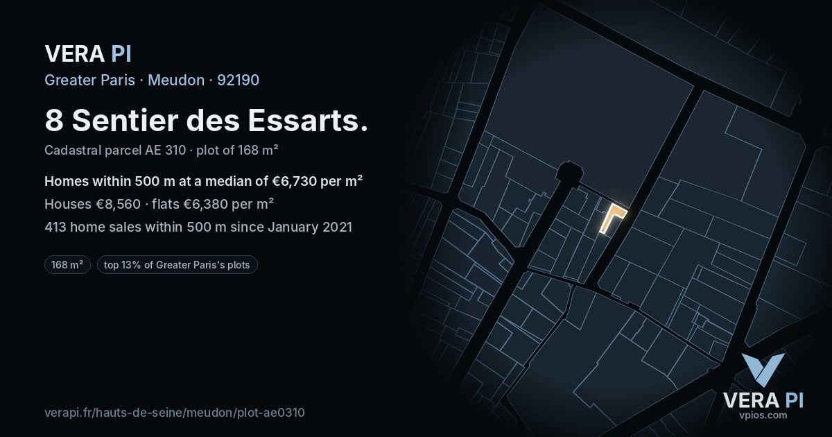 8 Sentier des Essarts, Meudon at night – the plot lit, the parcels around coloured by the prices near them