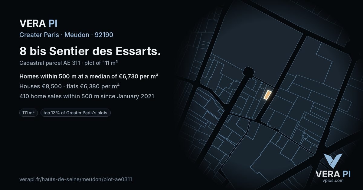 8 bis Sentier des Essarts, Meudon at night – the plot lit, the parcels around coloured by the prices near them