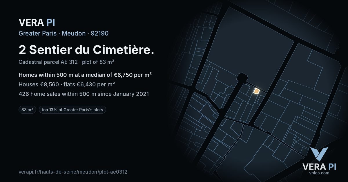 2 Sentier du Cimetière, Meudon at night – the plot lit, the parcels around coloured by the prices near them