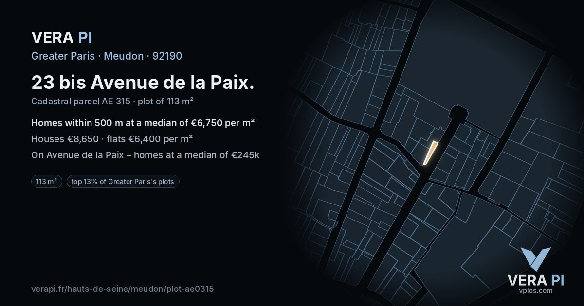 23 bis Avenue de la Paix, Meudon at night – the plot lit, the parcels around coloured by the prices near them