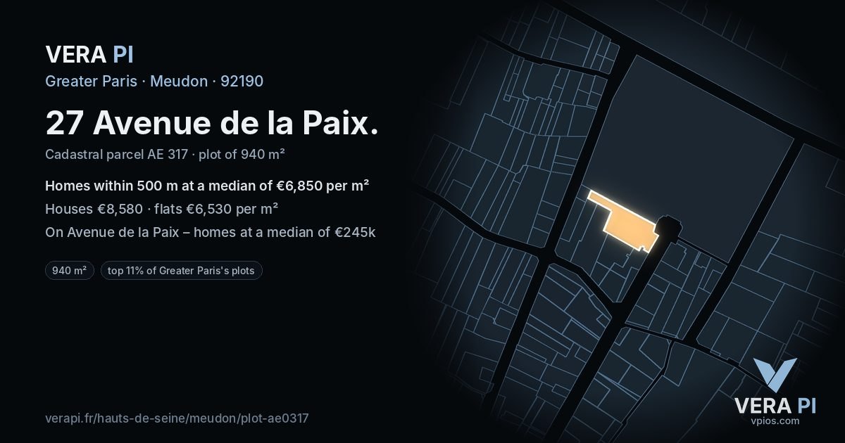 27 Avenue de la Paix, Meudon at night – the plot lit, the parcels around coloured by the prices near them