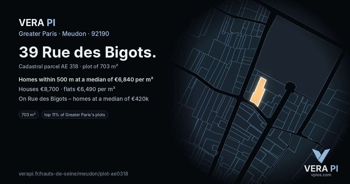 39 Rue des Bigots, Meudon at night – the plot lit, the parcels around coloured by the prices near them