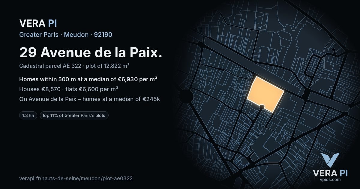 29 Avenue de la Paix, Meudon at night – the plot lit, the parcels around coloured by the prices near them