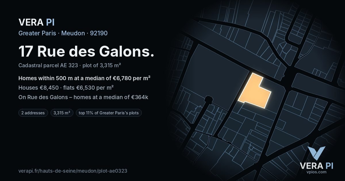17 Rue des Galons, Meudon at night – the plot lit, the parcels around coloured by the prices near them