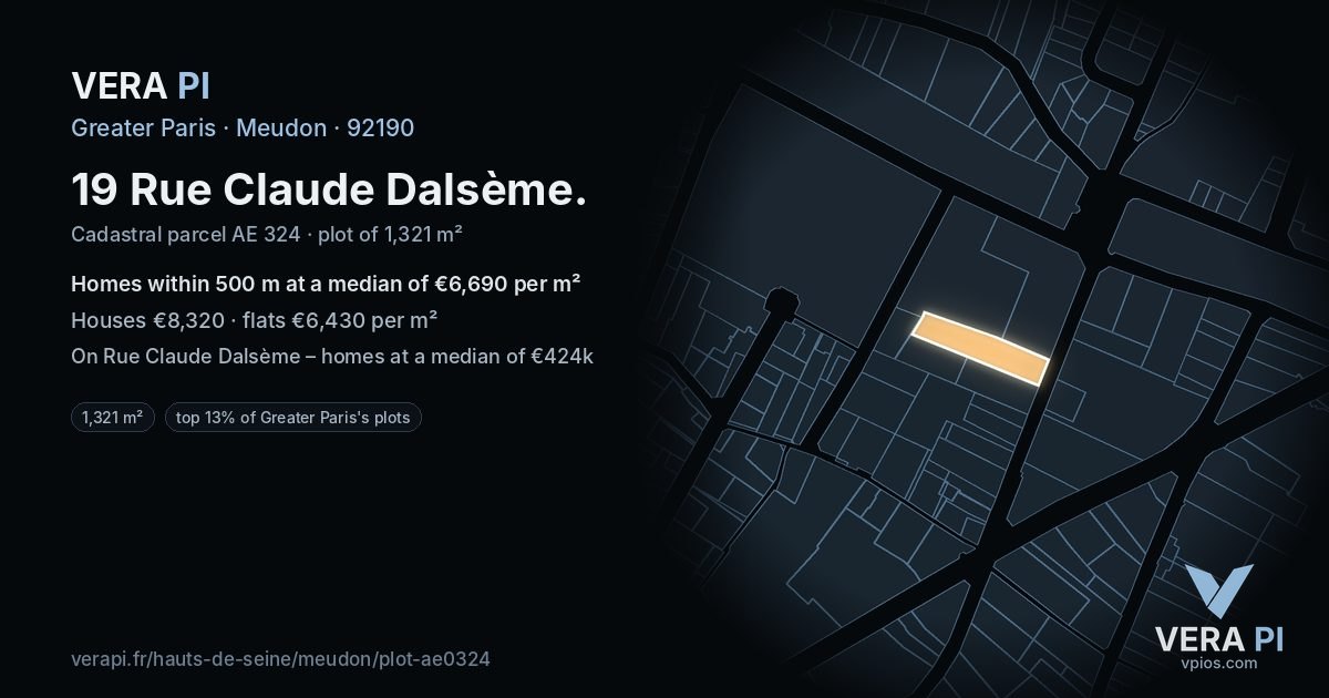 19 Rue Claude Dalsème, Meudon at night – the plot lit, the parcels around coloured by the prices near them