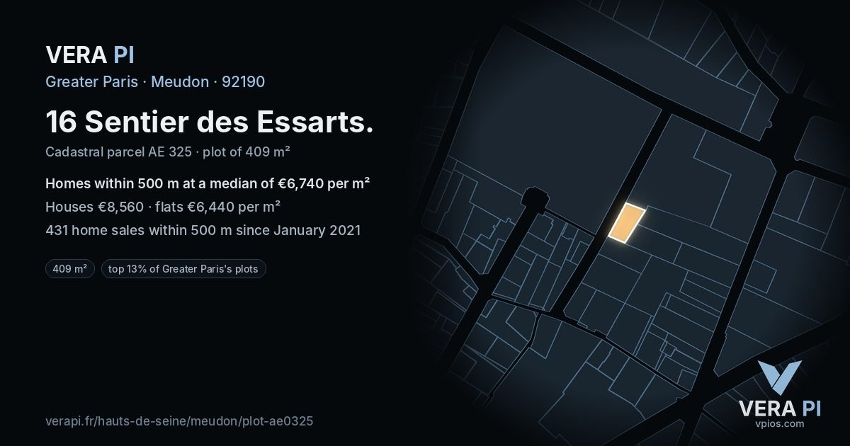 16 Sentier des Essarts, Meudon at night – the plot lit, the parcels around coloured by the prices near them