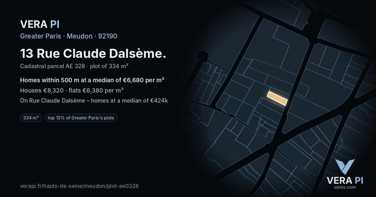 13 Rue Claude Dalsème, Meudon at night – the plot lit, the parcels around coloured by the prices near them