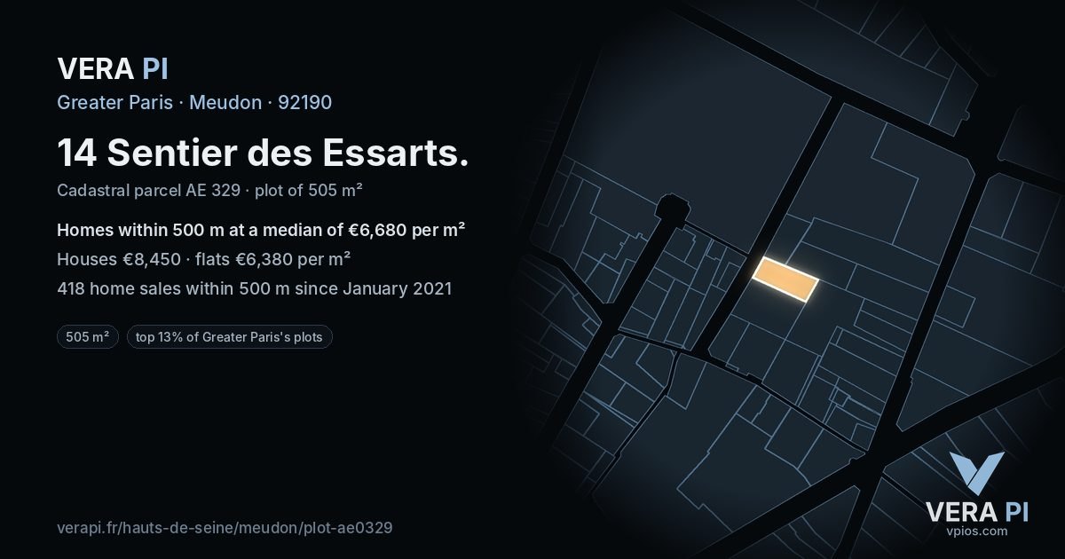 14 Sentier des Essarts, Meudon at night – the plot lit, the parcels around coloured by the prices near them