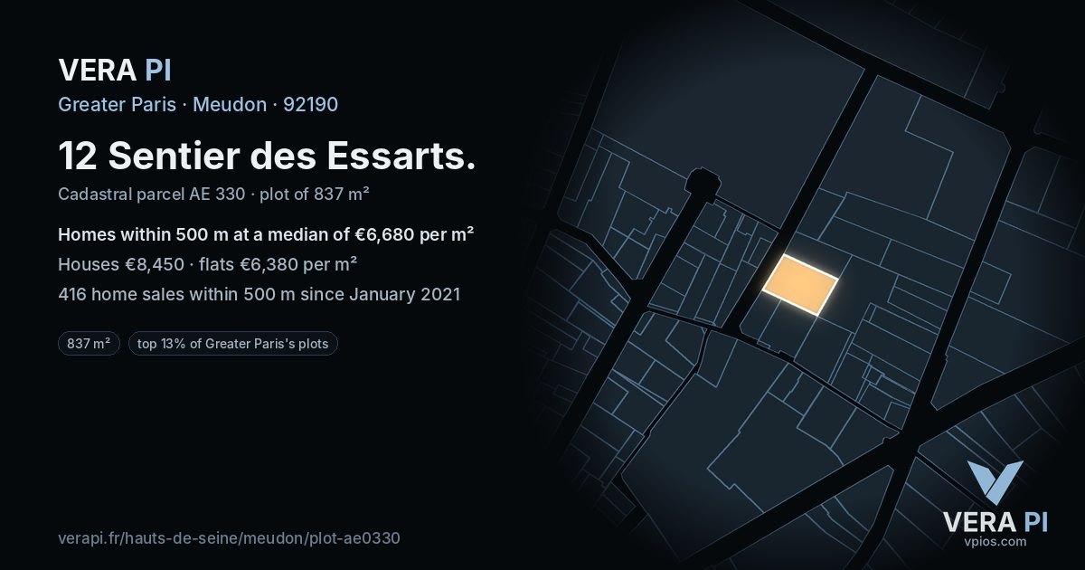 12 Sentier des Essarts, Meudon at night – the plot lit, the parcels around coloured by the prices near them