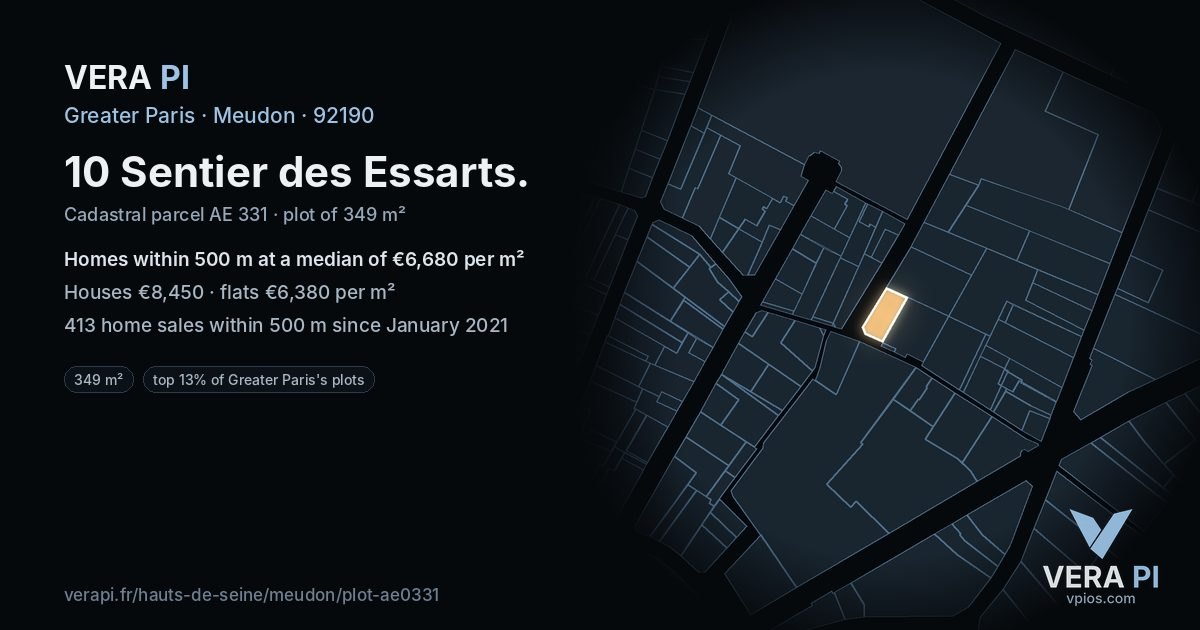 10 Sentier des Essarts, Meudon at night – the plot lit, the parcels around coloured by the prices near them