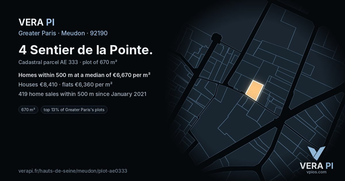 4 Sentier de la Pointe, Meudon at night – the plot lit, the parcels around coloured by the prices near them