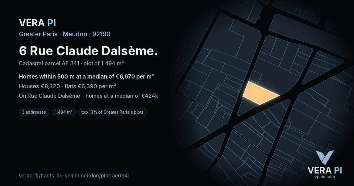 6 Rue Claude Dalsème, Meudon at night – the plot lit, the parcels around coloured by the prices near them