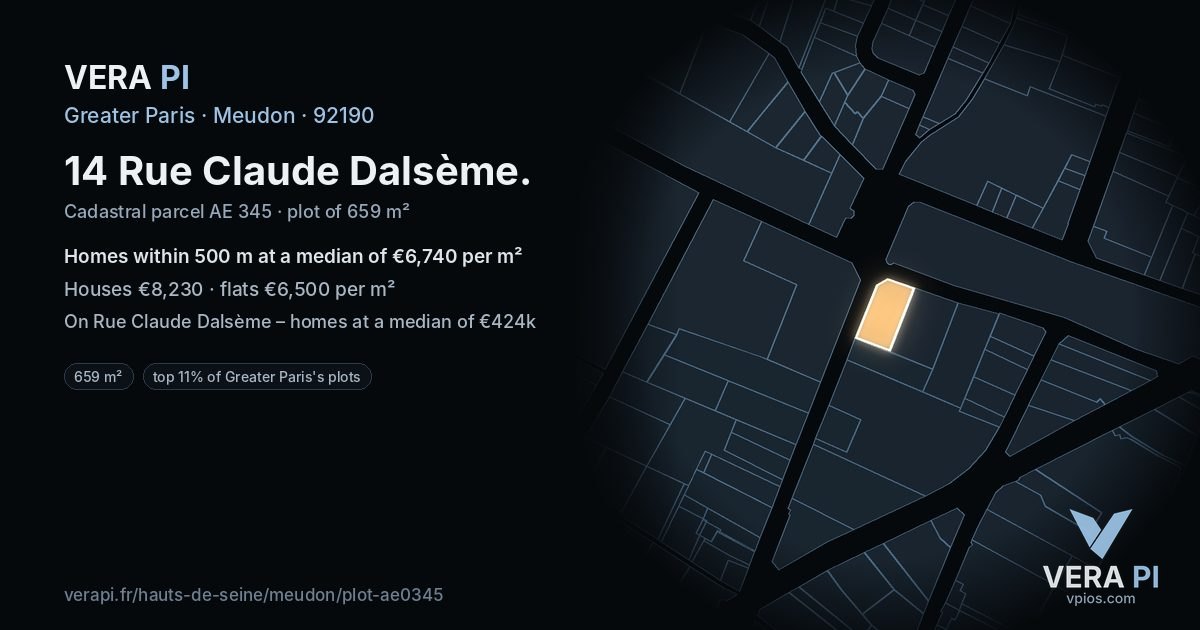 14 Rue Claude Dalsème, Meudon at night – the plot lit, the parcels around coloured by the prices near them