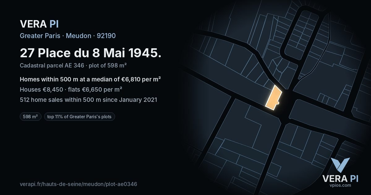 27 Place du 8 Mai 1945, Meudon at night – the plot lit, the parcels around coloured by the prices near them