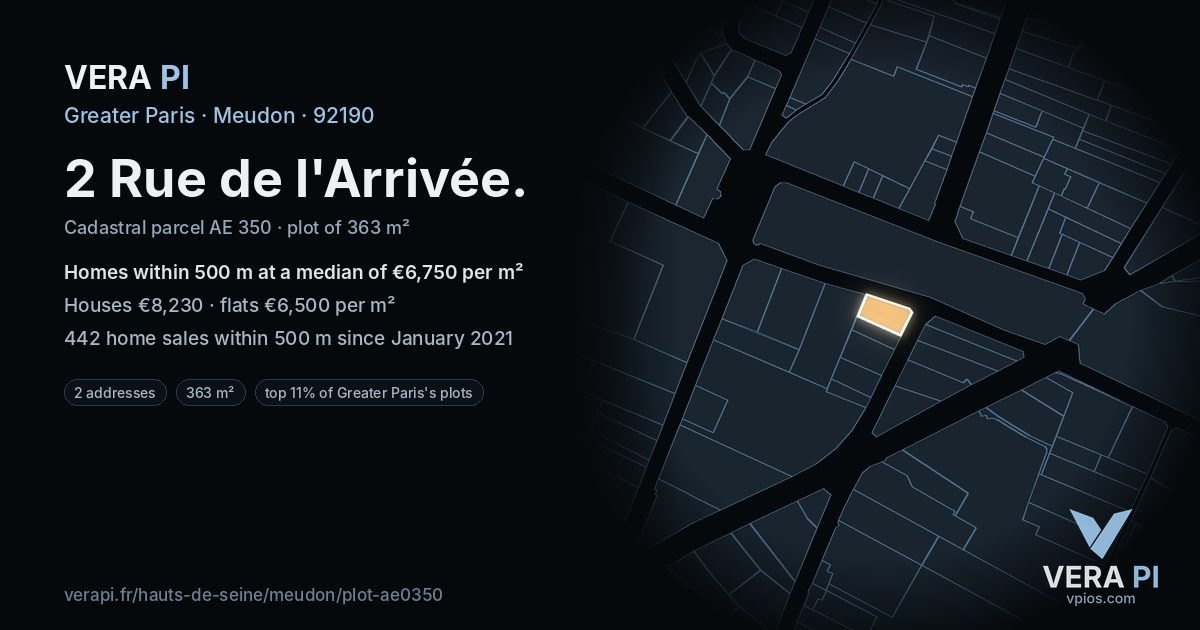 2 Rue de l'Arrivée, Meudon at night – the plot lit, the parcels around coloured by the prices near them