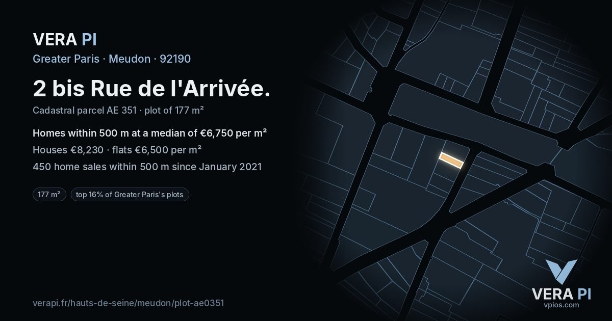 2 bis Rue de l'Arrivée, Meudon at night – the plot lit, the parcels around coloured by the prices near them