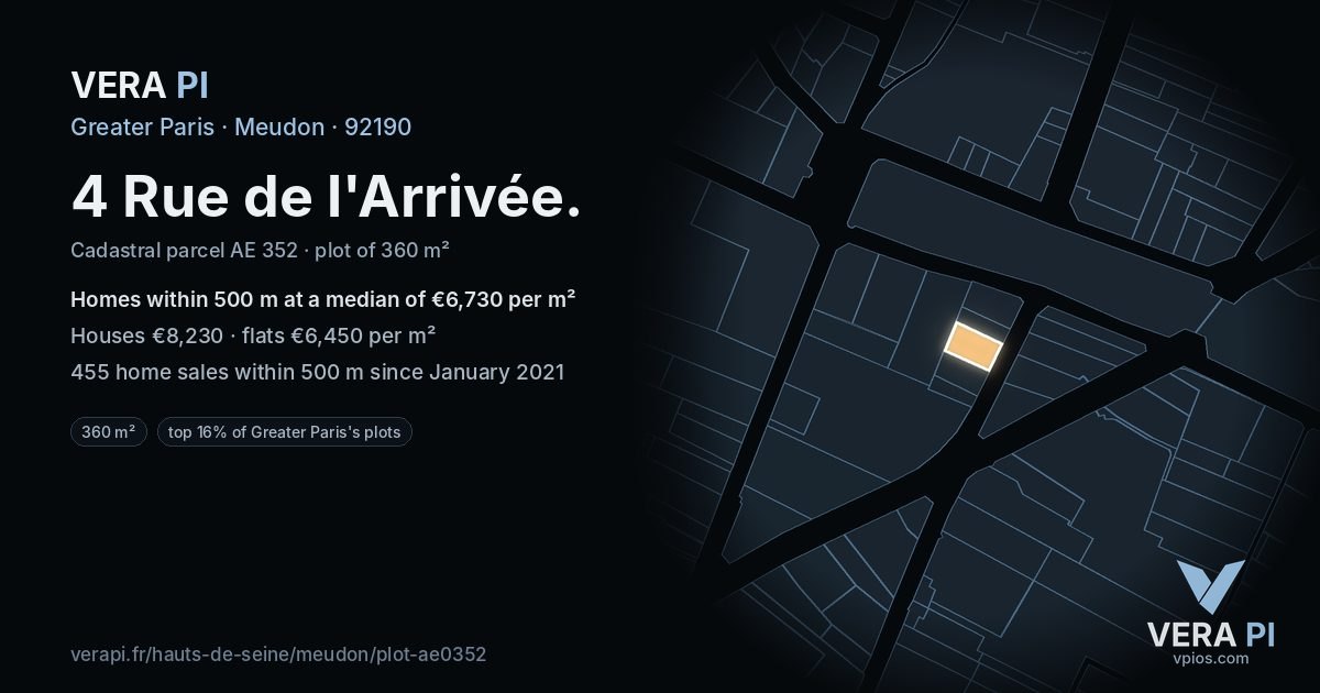 4 Rue de l'Arrivée, Meudon at night – the plot lit, the parcels around coloured by the prices near them