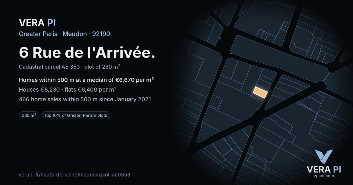 6 Rue de l'Arrivée, Meudon at night – the plot lit, the parcels around coloured by the prices near them