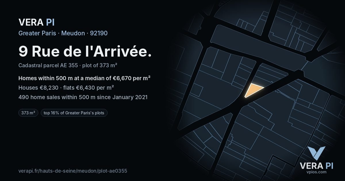 9 Rue de l'Arrivée, Meudon at night – the plot lit, the parcels around coloured by the prices near them