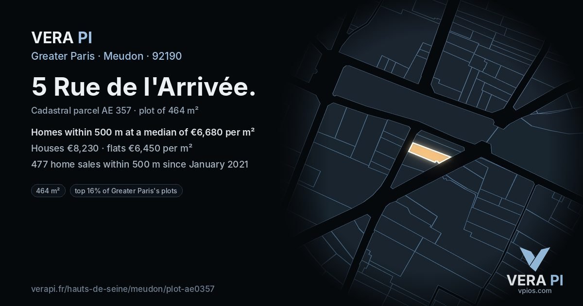 5 Rue de l'Arrivée, Meudon at night – the plot lit, the parcels around coloured by the prices near them