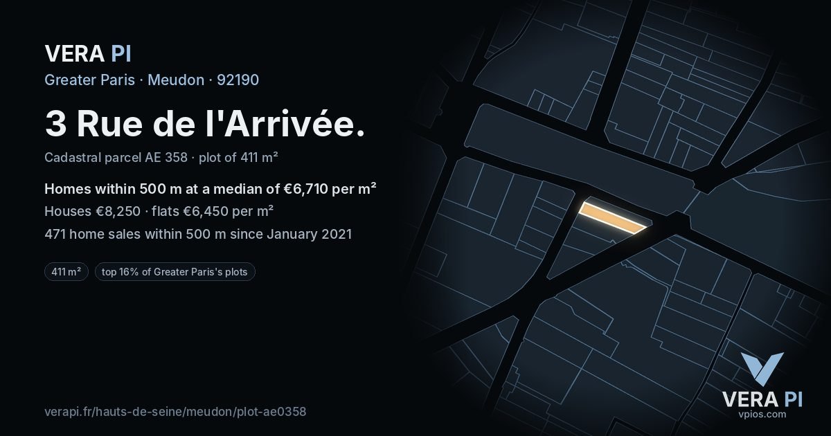 3 Rue de l'Arrivée, Meudon at night – the plot lit, the parcels around coloured by the prices near them