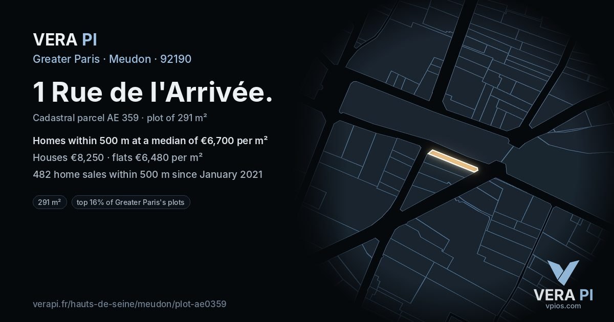 1 Rue de l'Arrivée, Meudon at night – the plot lit, the parcels around coloured by the prices near them