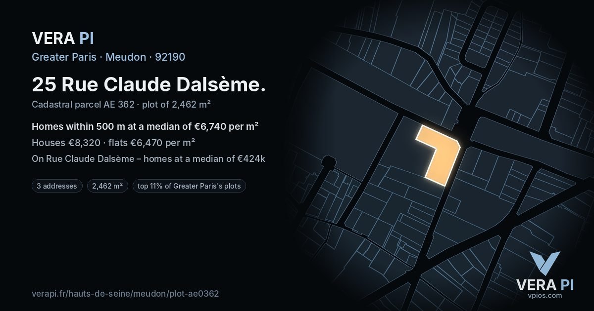 25 Rue Claude Dalsème, Meudon at night – the plot lit, the parcels around coloured by the prices near them