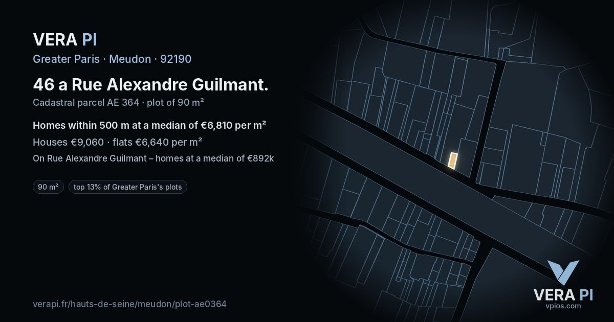 46 a Rue Alexandre Guilmant, Meudon at night – the plot lit, the parcels around coloured by the prices near them