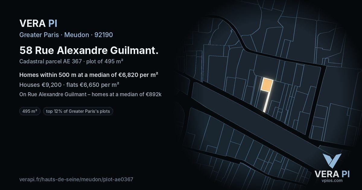 58 Rue Alexandre Guilmant, Meudon at night – the plot lit, the parcels around coloured by the prices near them