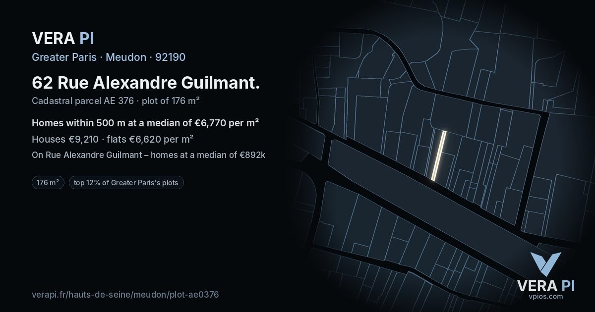62 Rue Alexandre Guilmant, Meudon at night – the plot lit, the parcels around coloured by the prices near them