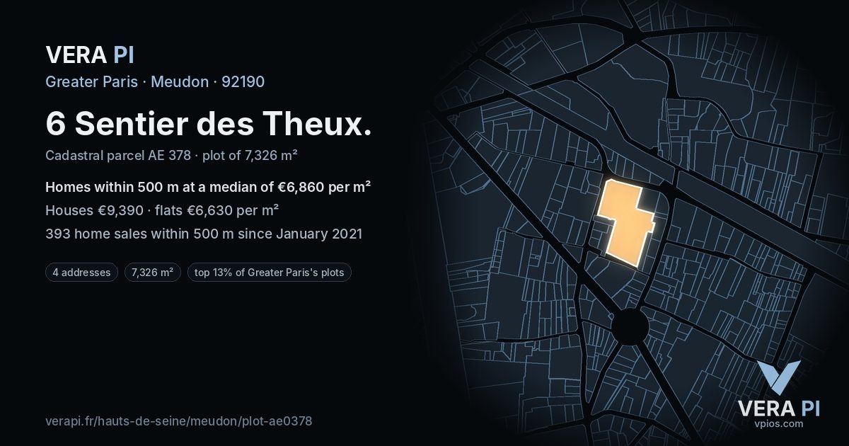 6 Sentier des Theux, Meudon at night – the plot lit, the parcels around coloured by the prices near them