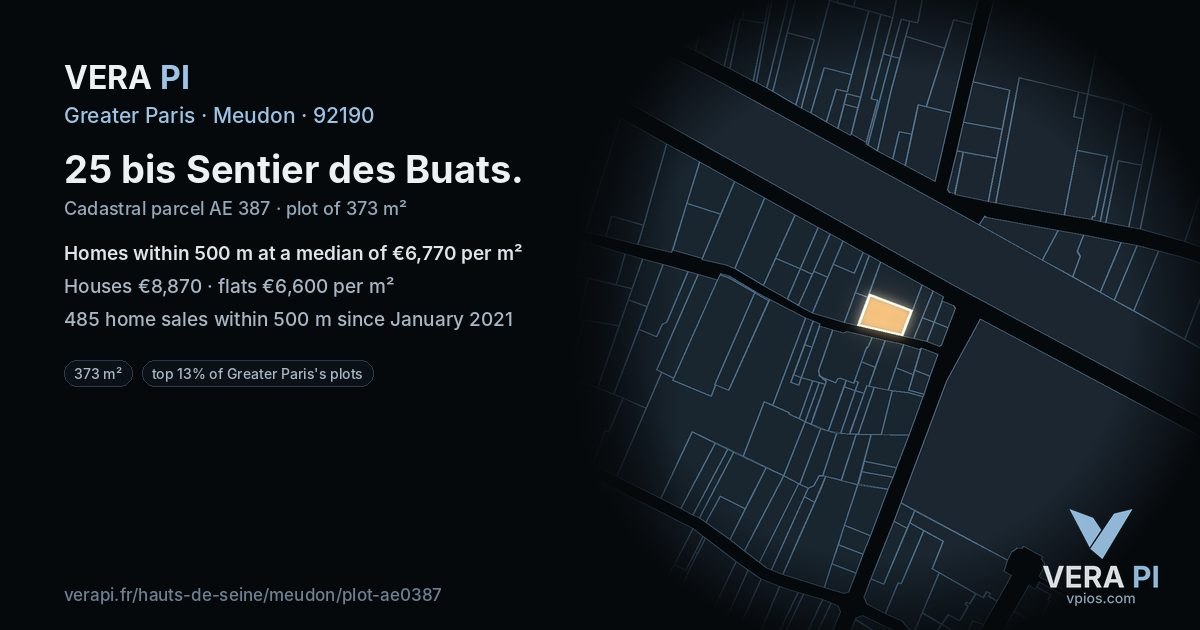 25 bis Sentier des Buats, Meudon at night – the plot lit, the parcels around coloured by the prices near them