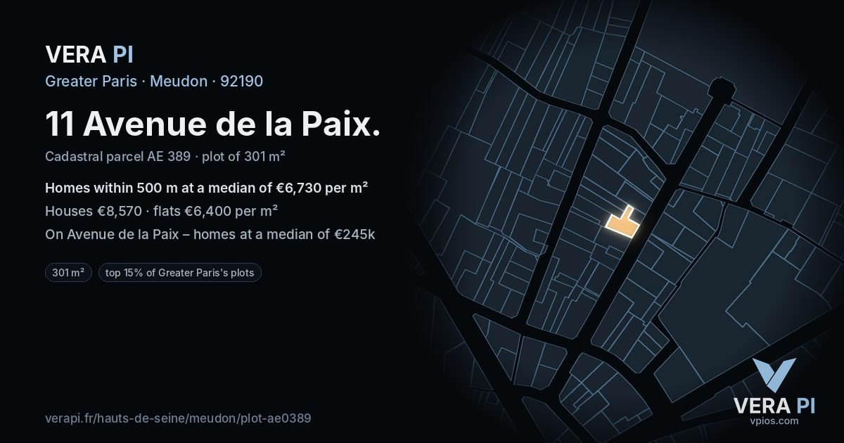 11 Avenue de la Paix, Meudon at night – the plot lit, the parcels around coloured by the prices near them