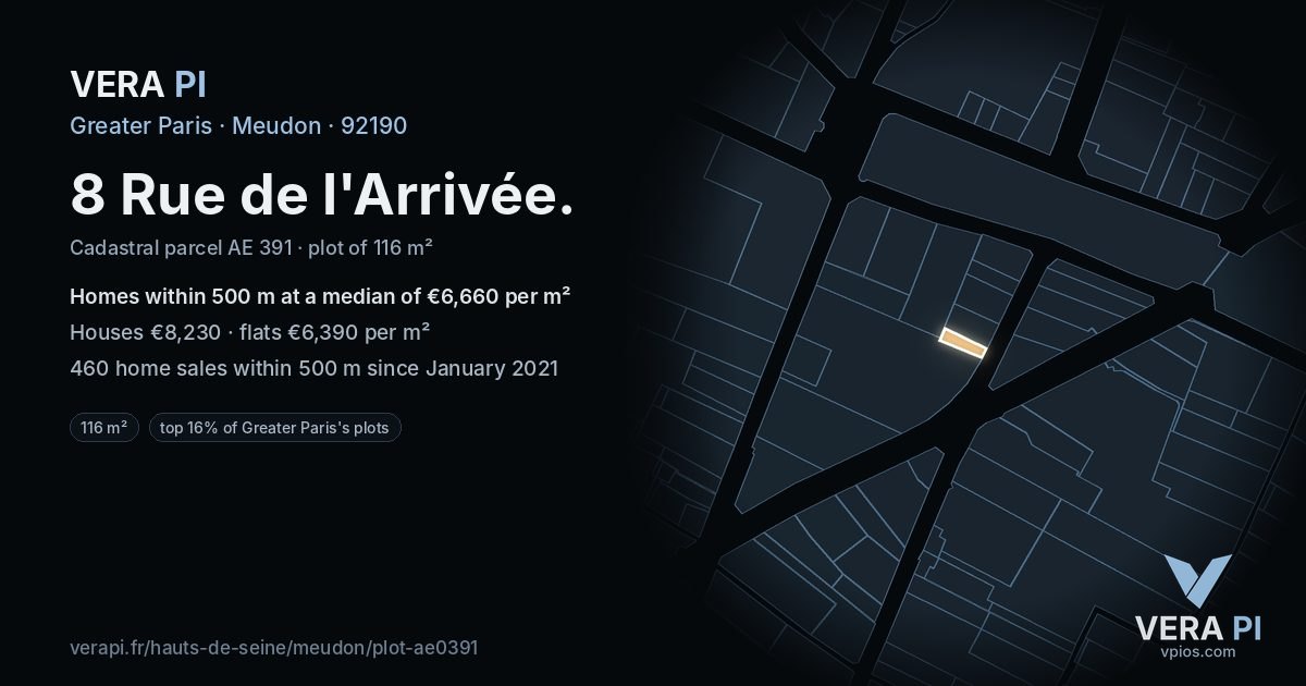 8 Rue de l'Arrivée, Meudon at night – the plot lit, the parcels around coloured by the prices near them