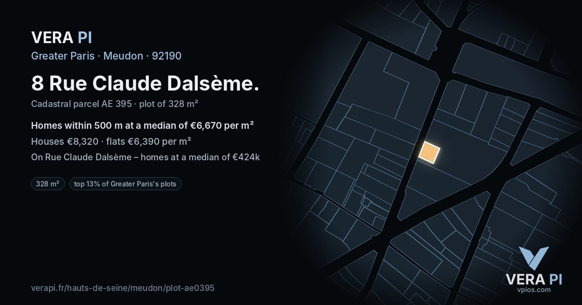 8 Rue Claude Dalsème, Meudon at night – the plot lit, the parcels around coloured by the prices near them