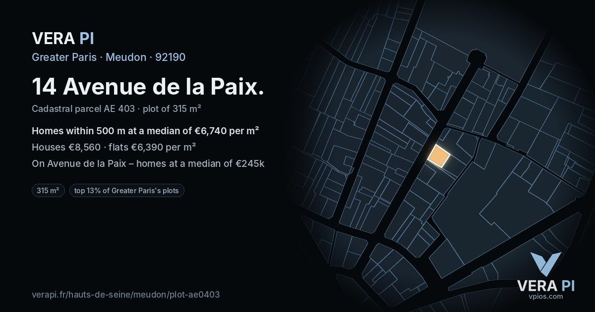 14 Avenue de la Paix, Meudon at night – the plot lit, the parcels around coloured by the prices near them