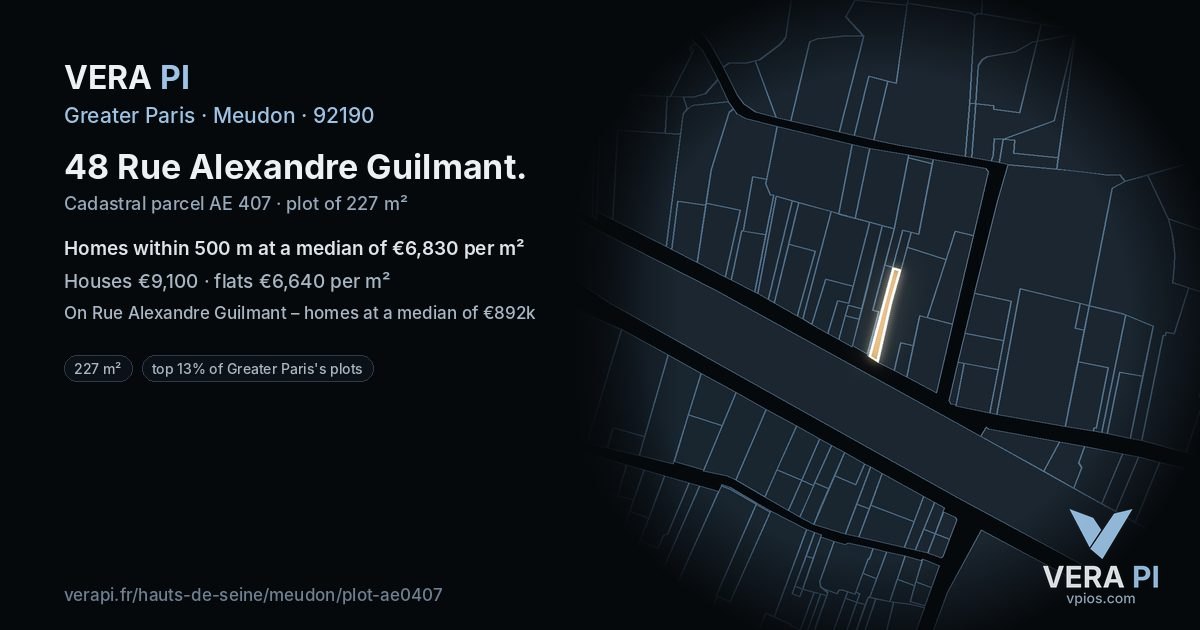 48 Rue Alexandre Guilmant, Meudon at night – the plot lit, the parcels around coloured by the prices near them