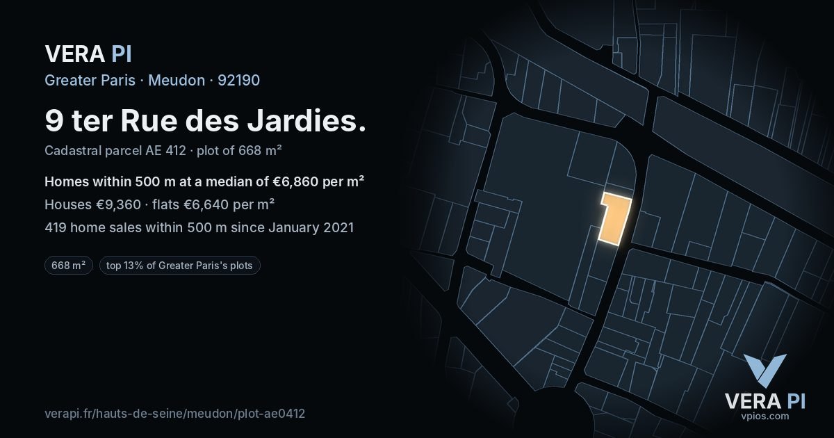 9 ter Rue des Jardies, Meudon at night – the plot lit, the parcels around coloured by the prices near them